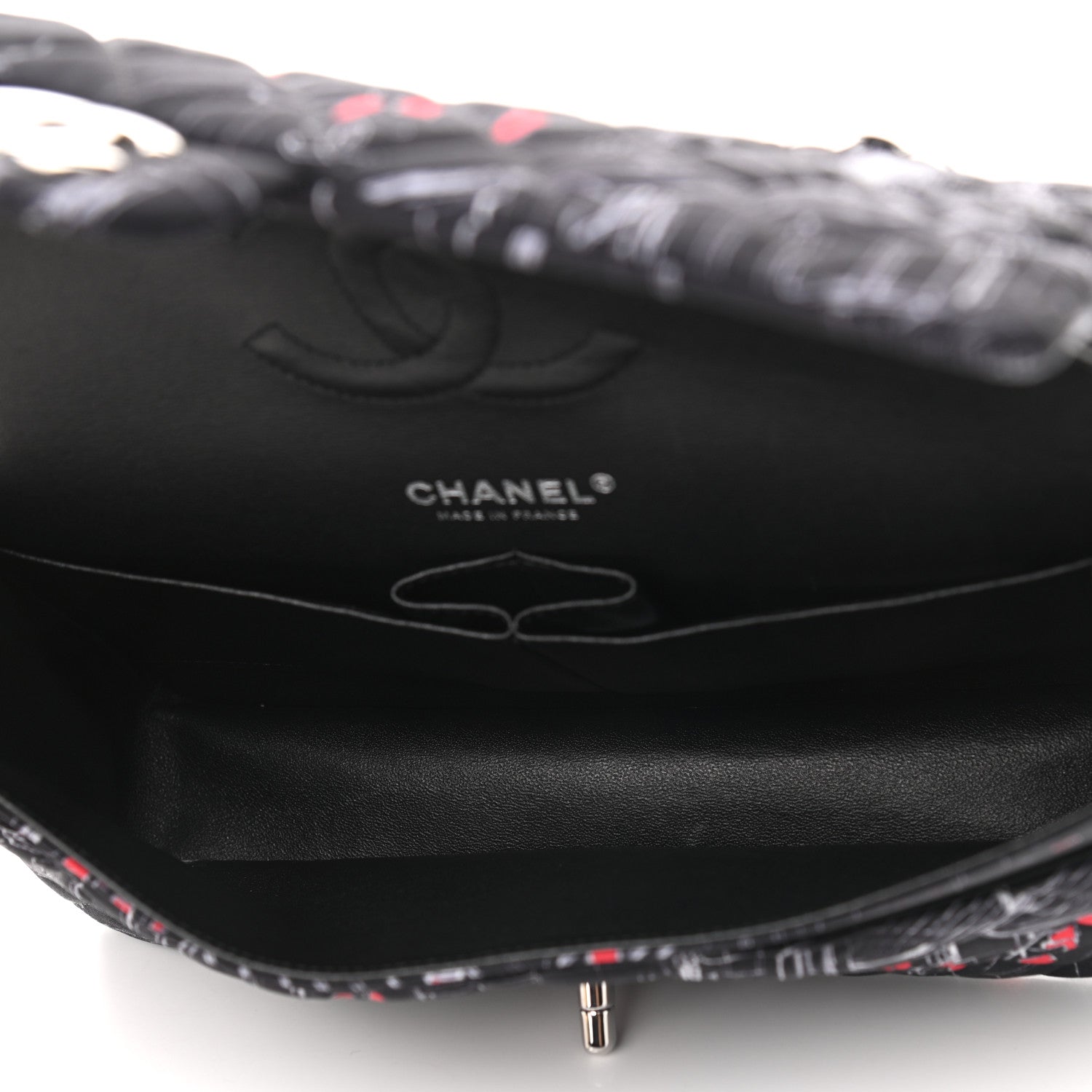 Chanel Fabric Printed Paris Rooftops Quilted Medium Double Flap Black Red White 5 of 9