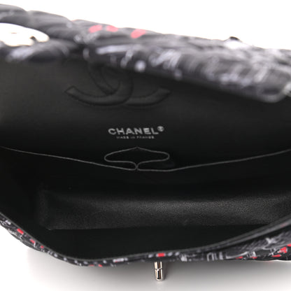 Chanel Fabric Printed Paris Rooftops Quilted Medium Double Flap Black Red White 5 of 9