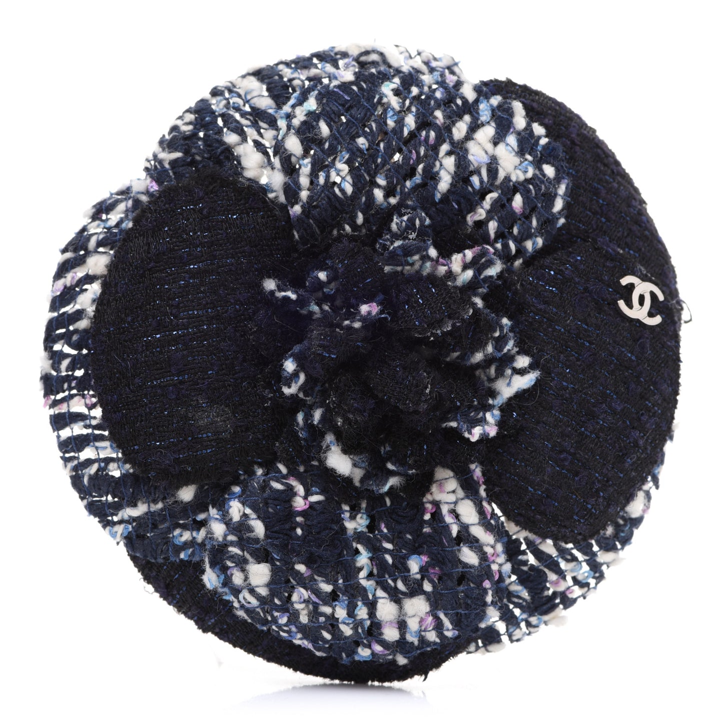 Tweed Camellia Pin Brooch Navy Blue White