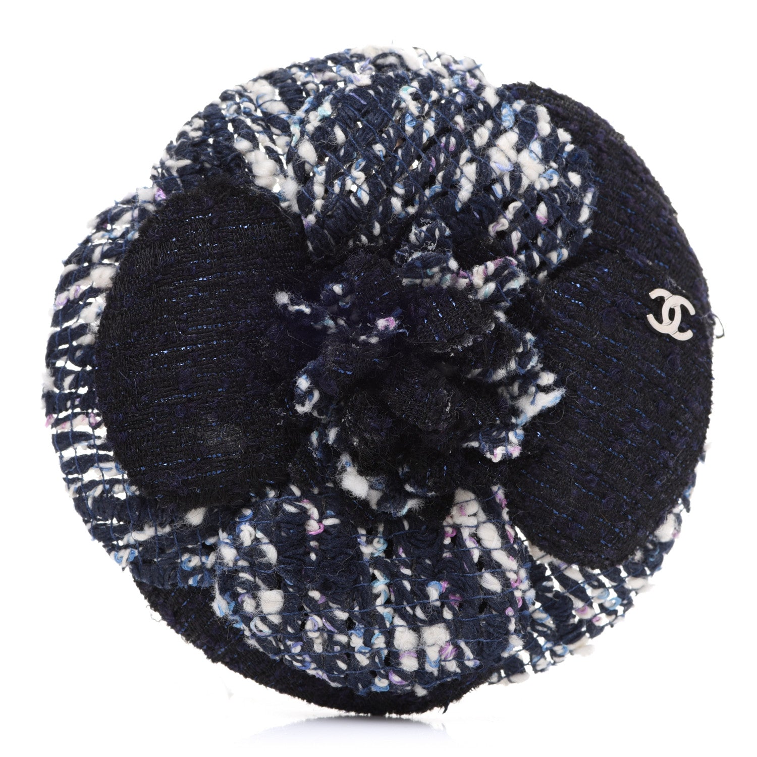 Chanel Tweed Camellia Pin Brooch Navy Blue White 1 of 4