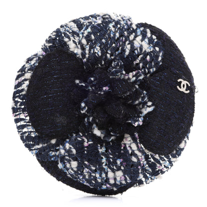 Chanel Tweed Camellia Pin Brooch Navy Blue White 1 of 4