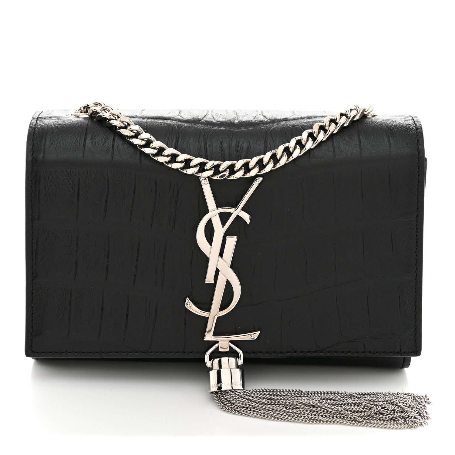 Saint Laurent Calfskin Crocodile Embossed Small Classic Monogram Kate Tassel Satchel Black 1 of 10