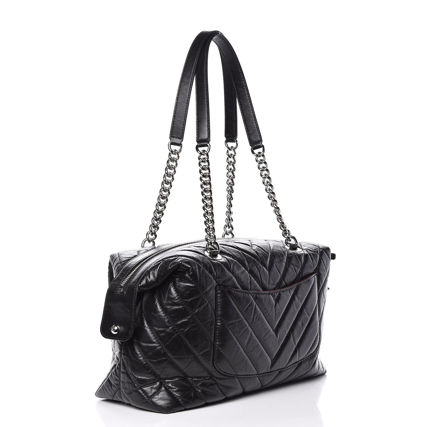 Aged Calfskin Chevron Quilted Bowling Bag Black