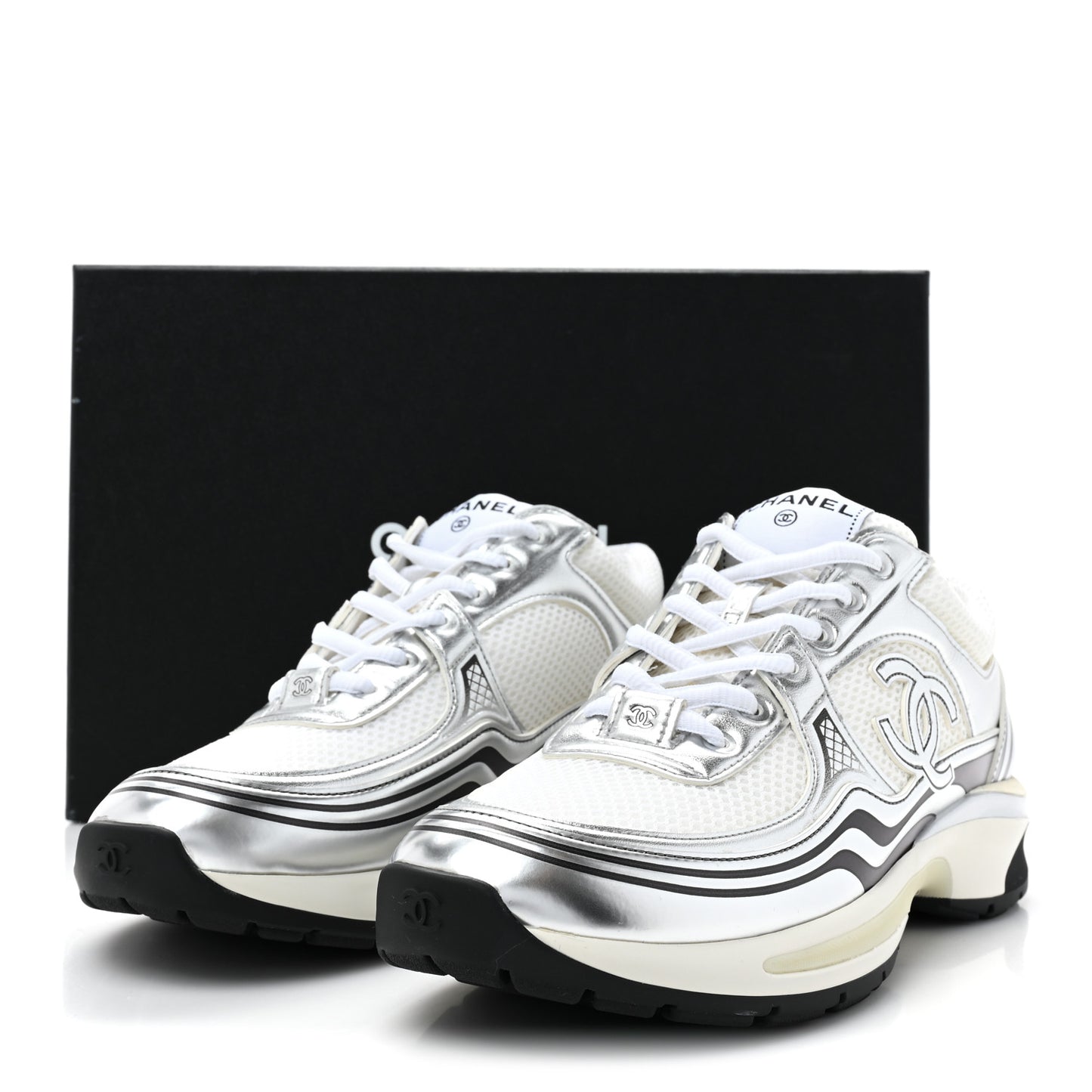 Fabric Laminated Calfskin Stretch CC Sneakers 39 White Silver