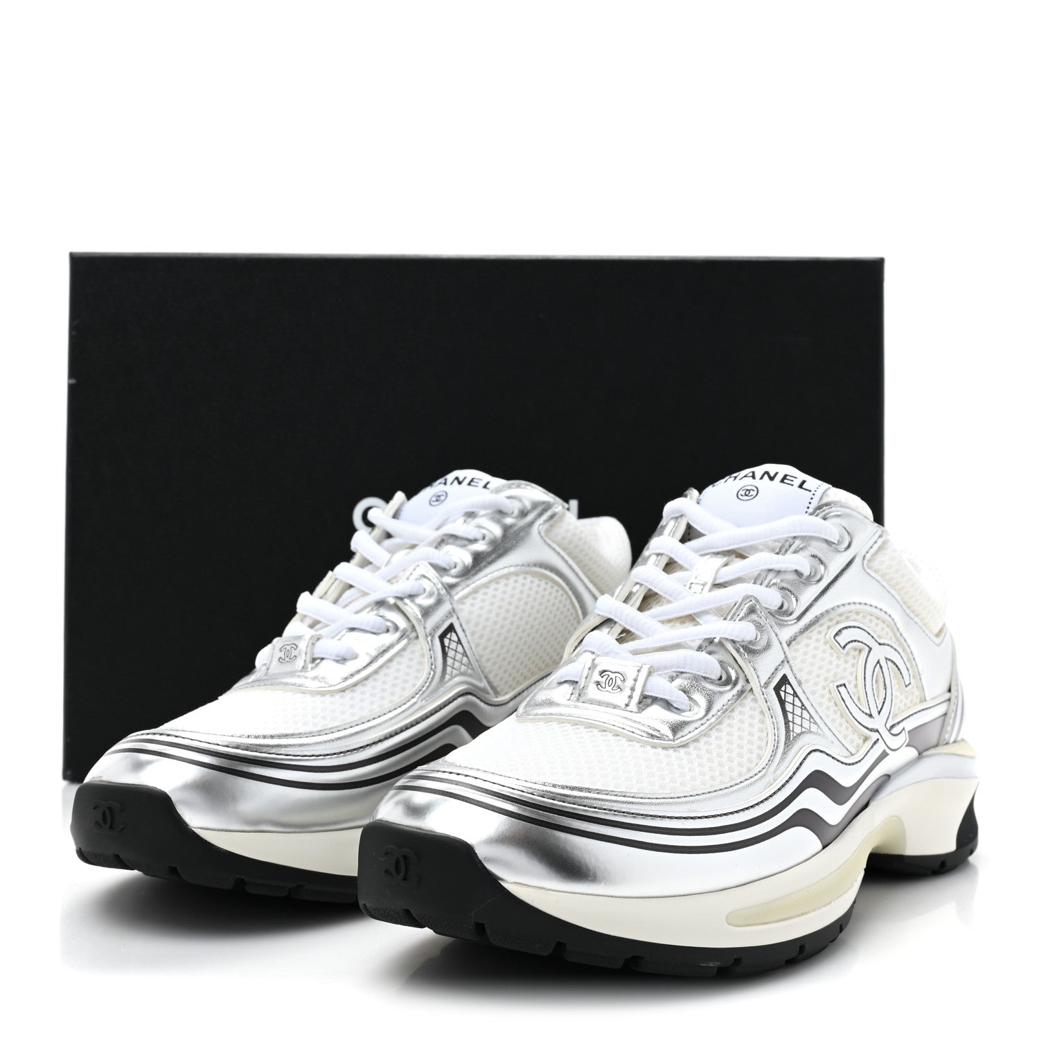 Chanel Fabric Laminated Calfskin Stretch CC Sneakers 39 White Silver 19 of 20