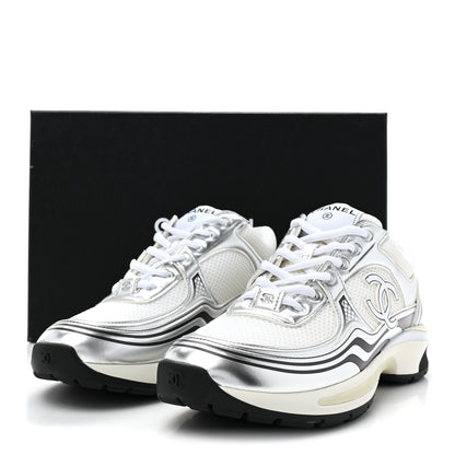 Chanel Fabric Laminated Calfskin Stretch CC Sneakers 39 White Silver 19 of 20