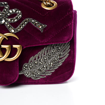 Gucci Velvet Matelasse Embroidered Mini GG Marmont Shoulder Bag Bordeaux 12 of 12