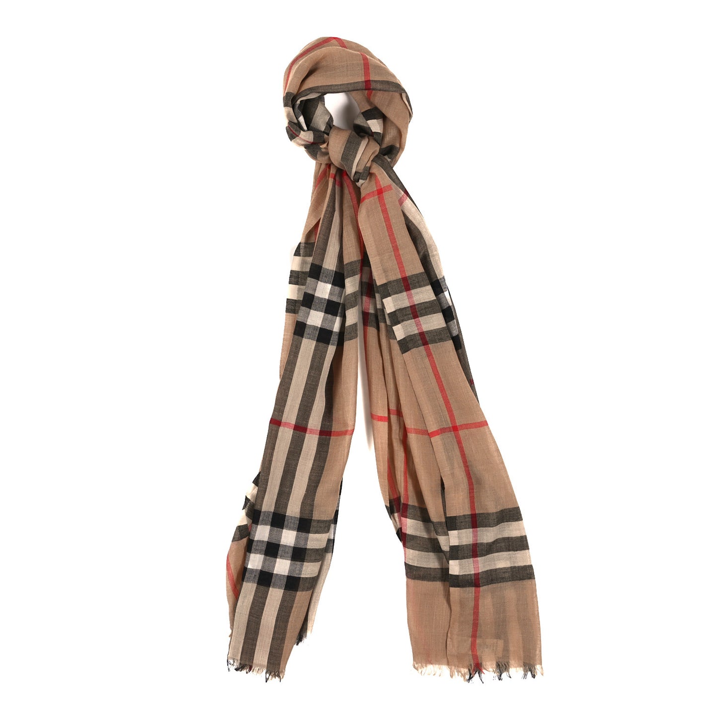 Wool Silk Gauze Giant Check Lightweight Scarf Camel