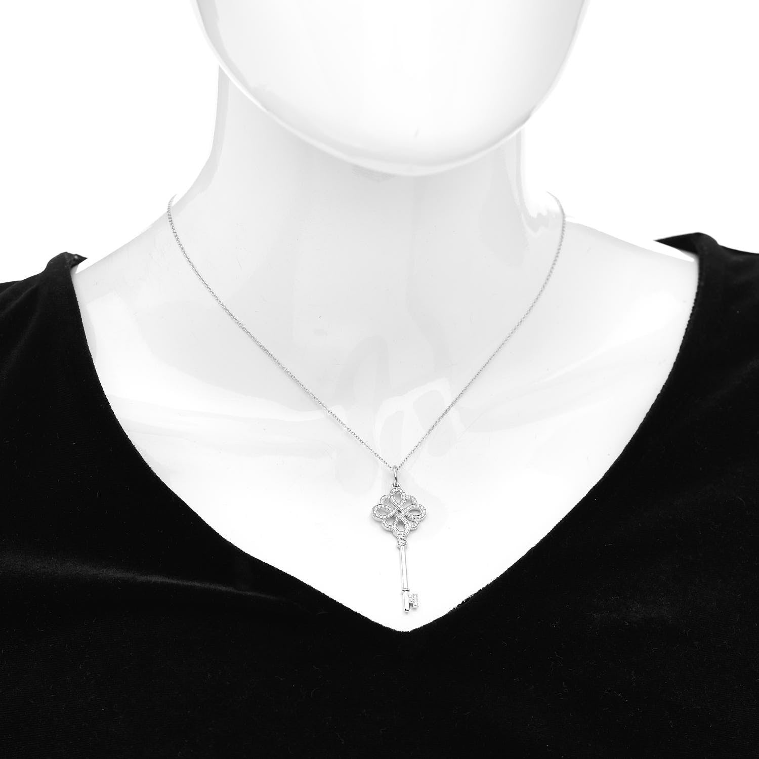 Tiffany 18K White Gold Diamond Knot Key Pendant Necklace 2 of 5