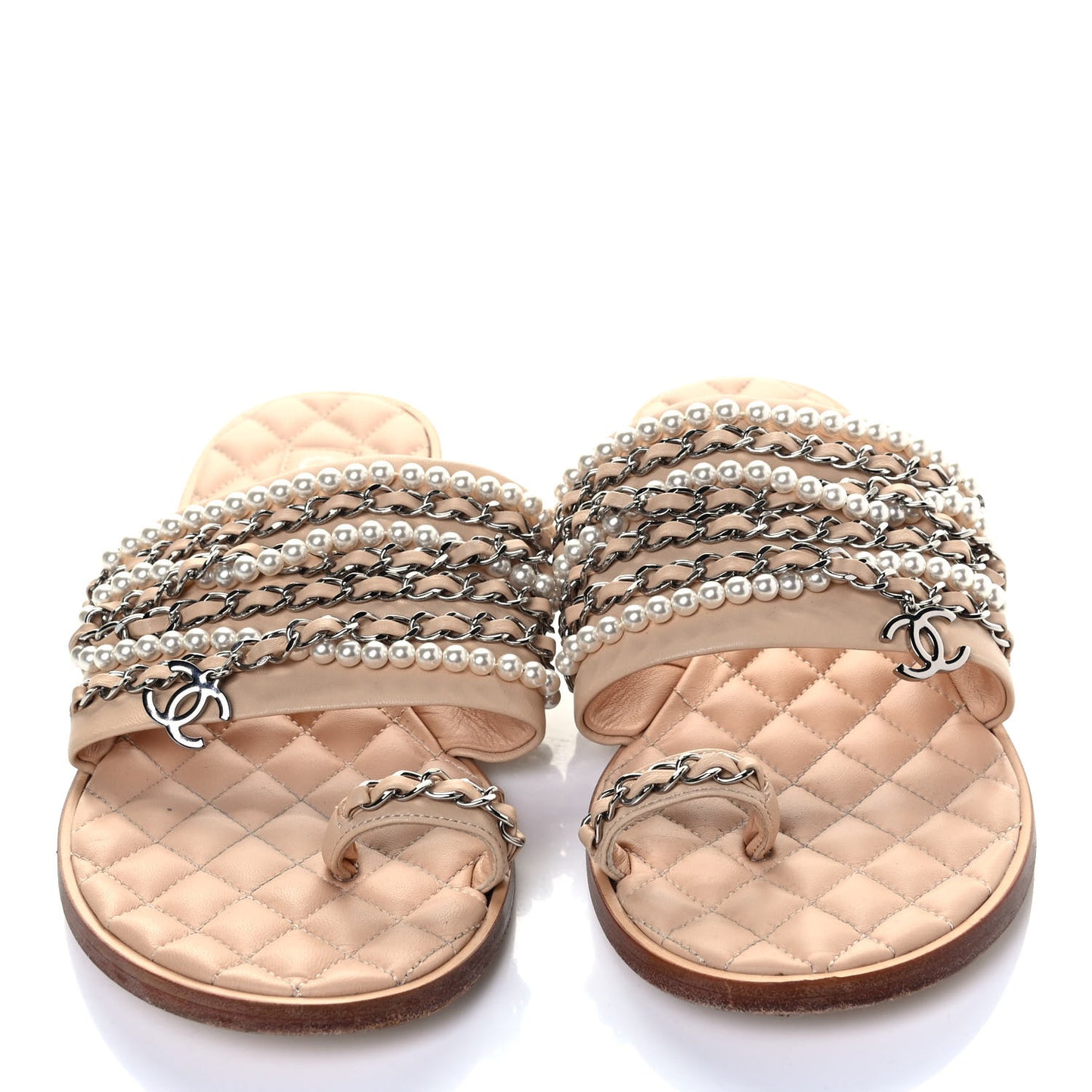 Pearl Lambskin Chain Flat Sandals 39 Beige