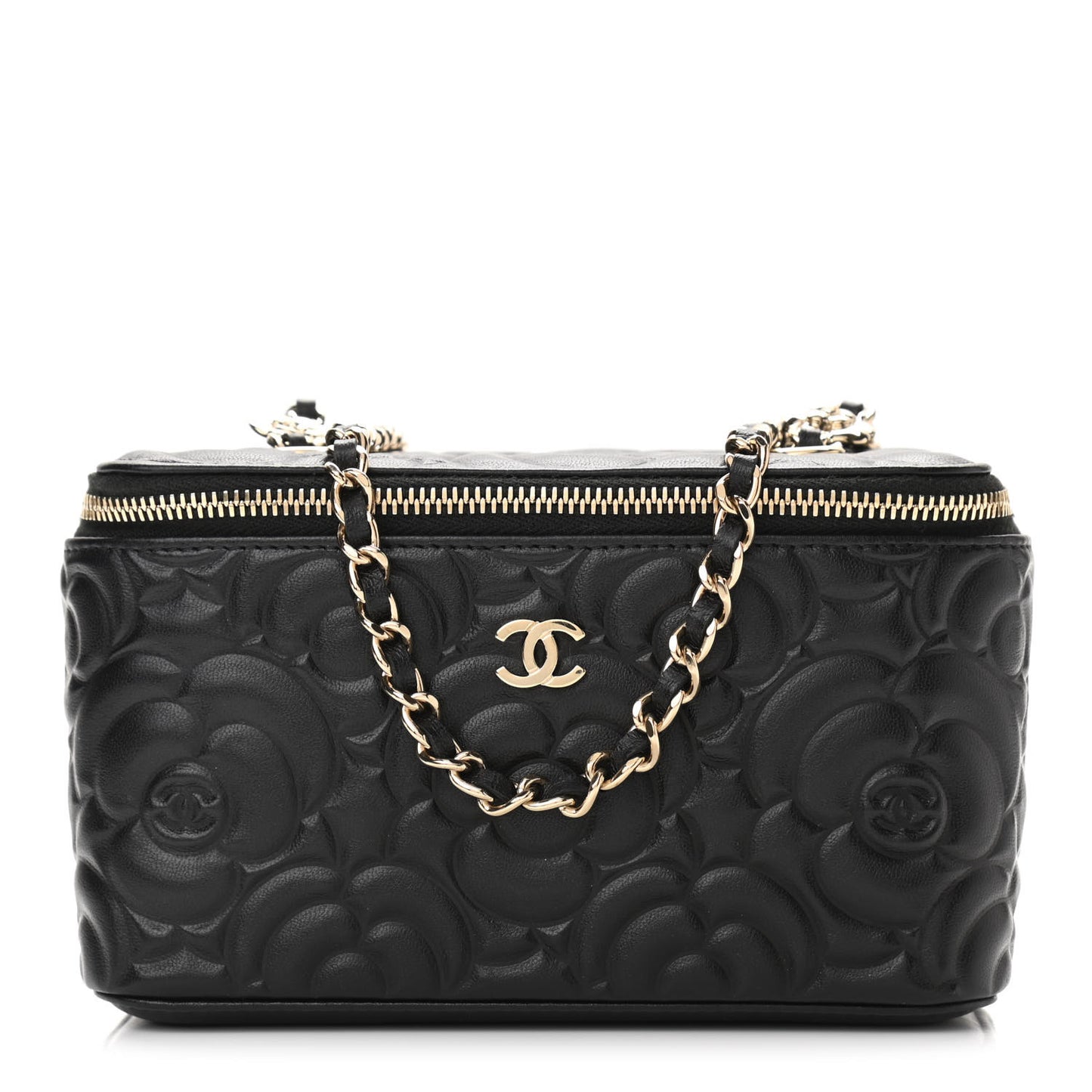 Lambskin Camellia Embossed Small Vanity Case With Chain Black