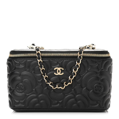 Chanel Lambskin Camellia Embossed Small Vanity Case With Chain Black 1 of 11