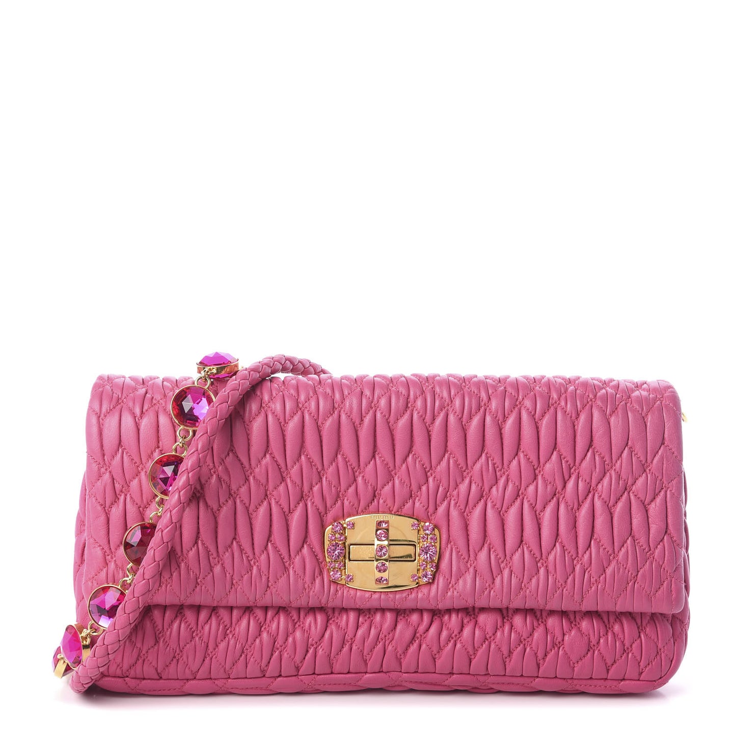 Nappa Matelasse Crystal Flap Clutch Fuxia