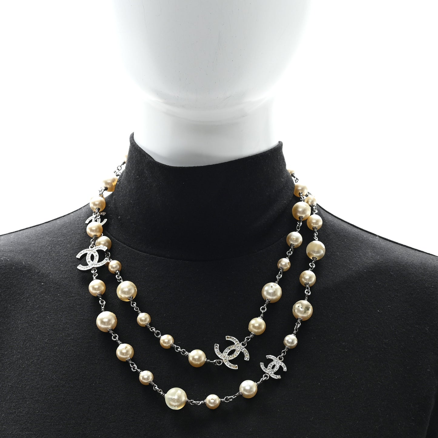 Crystal Pearl CC Long Necklace Silver