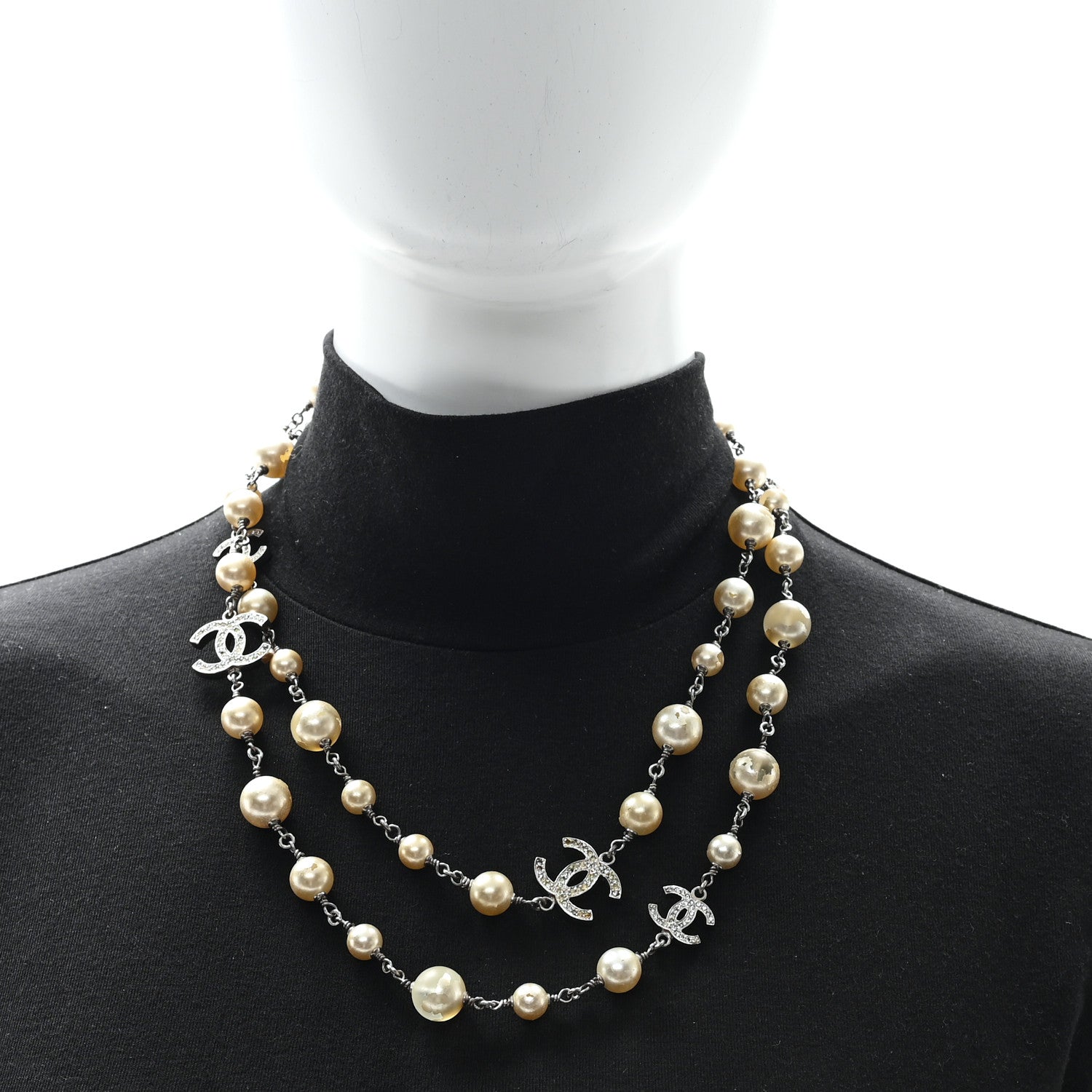 Chanel Crystal Pearl CC Long Necklace Silver 2 of 5