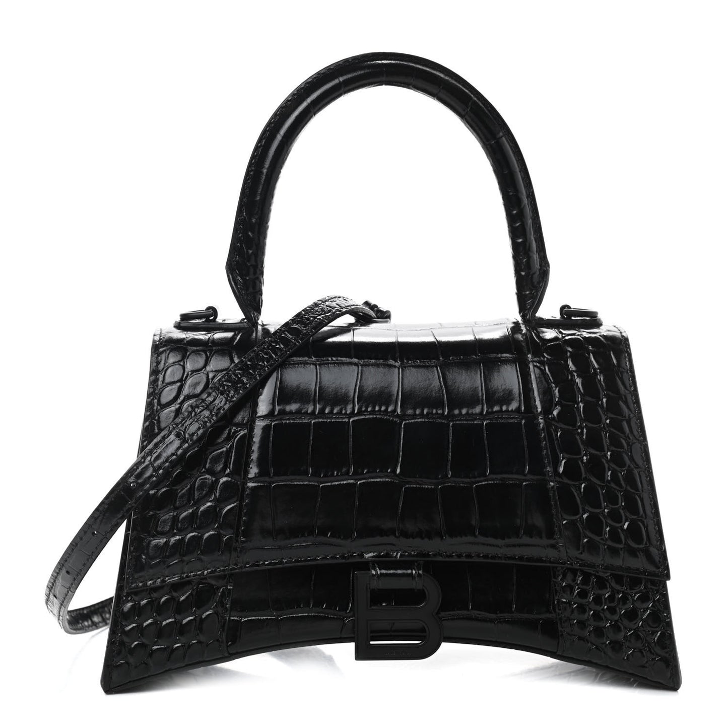 Shiny Calfskin Monochrome Crocodile Embossed Small Hourglass Top Handle Bag Black