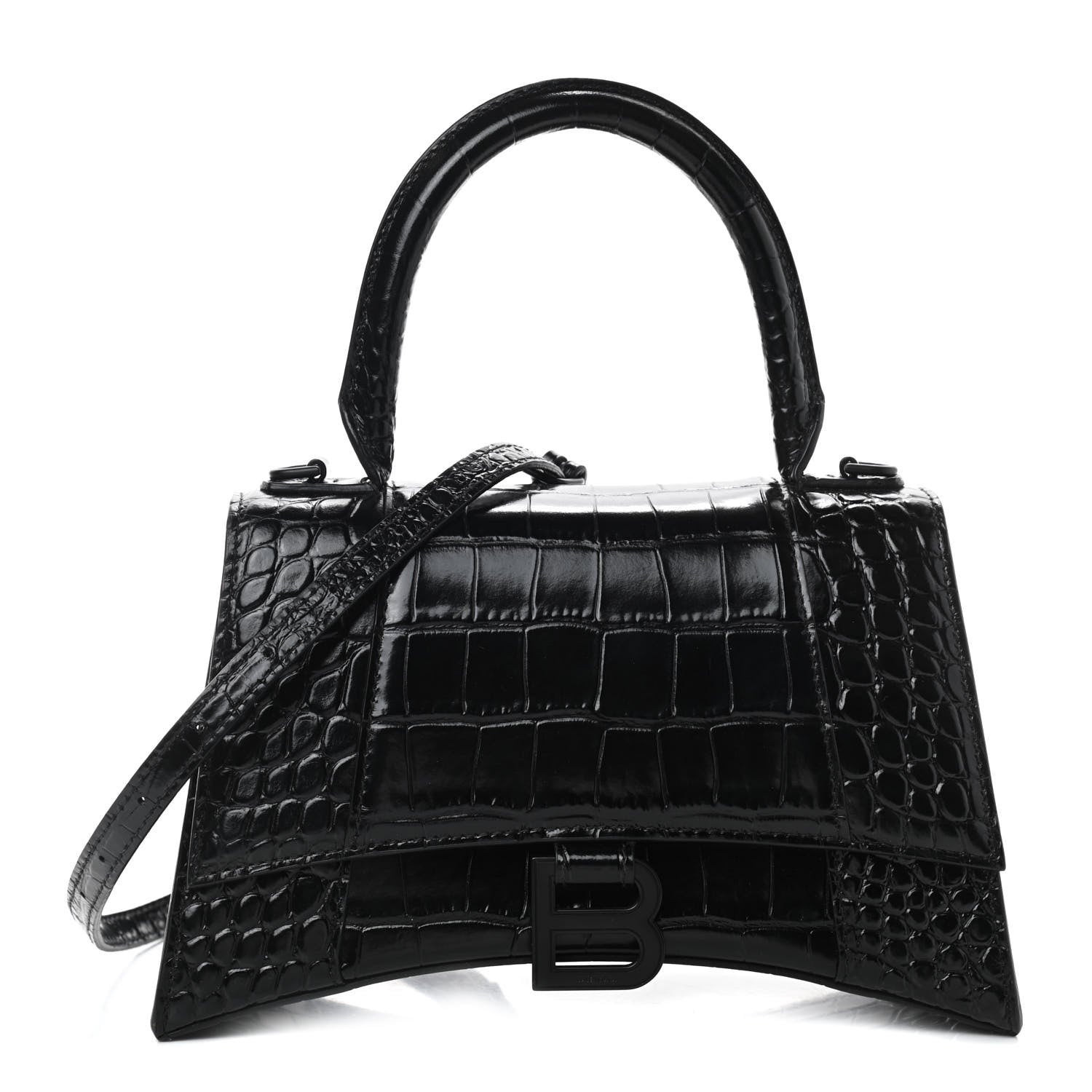 Balenciaga Shiny Calfskin Monochrome Crocodile Embossed Small Hourglass Top Handle Bag Black 1 of 8