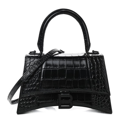 Balenciaga Shiny Calfskin Monochrome Crocodile Embossed Small Hourglass Top Handle Bag Black 1 of 8