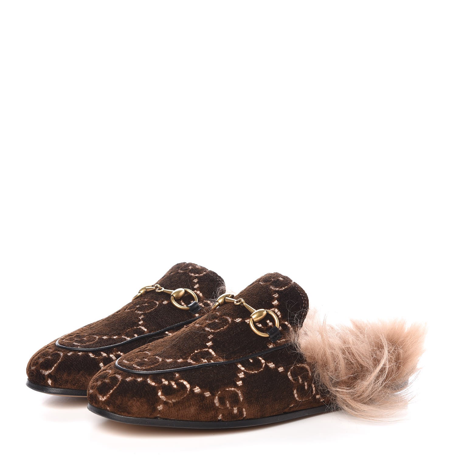 Gucci Velvet GG Monogram Fur Womens Princetown Slippers 35 Brown Black Natural 3 of 8