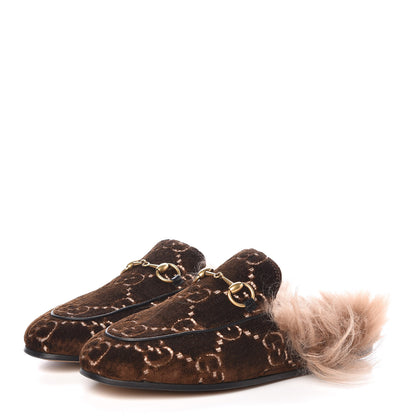 Gucci Velvet GG Monogram Fur Womens Princetown Slippers 35 Brown Black Natural 3 of 8