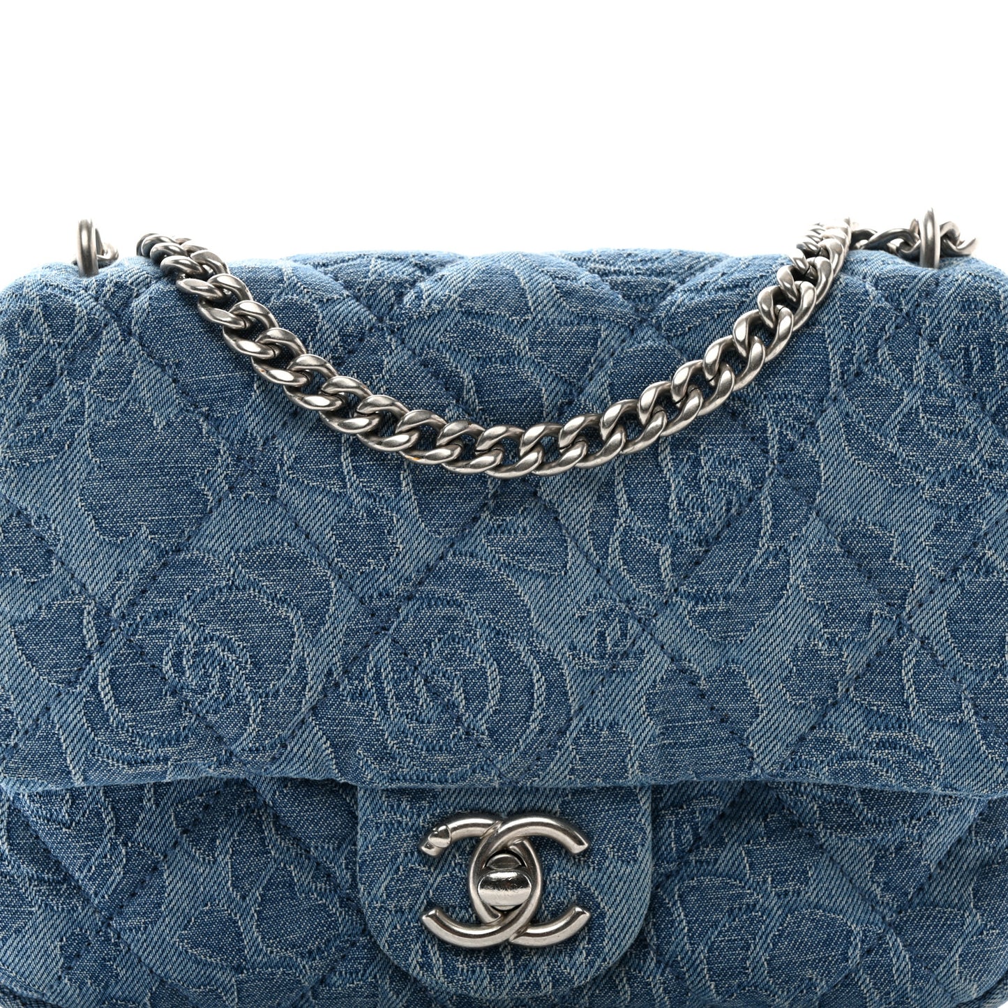 Denim Quilted Camellia Sweetheart Mini Flap Blue