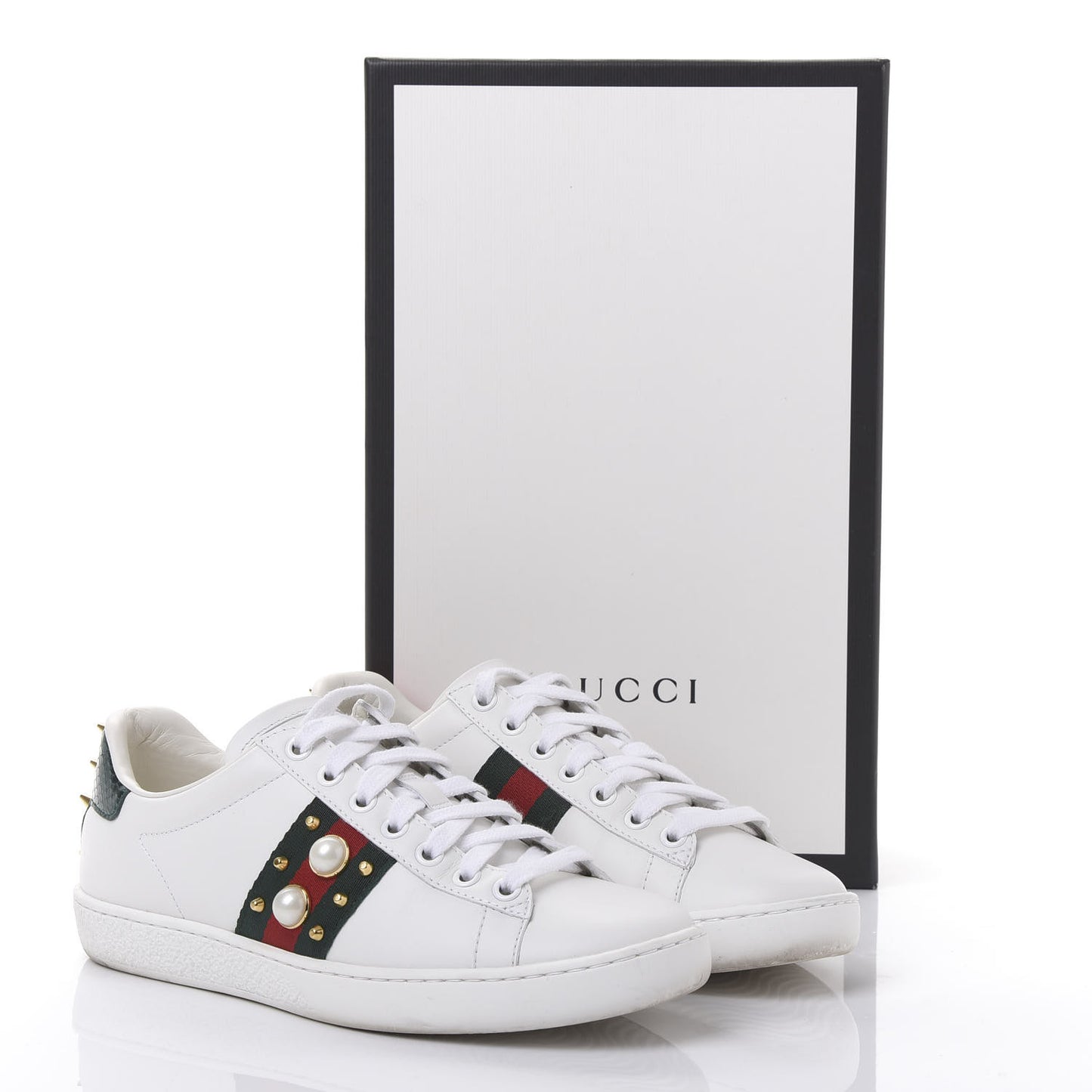 Calfskin Web Pearl Studded Womens Ace Sneakers 36 White