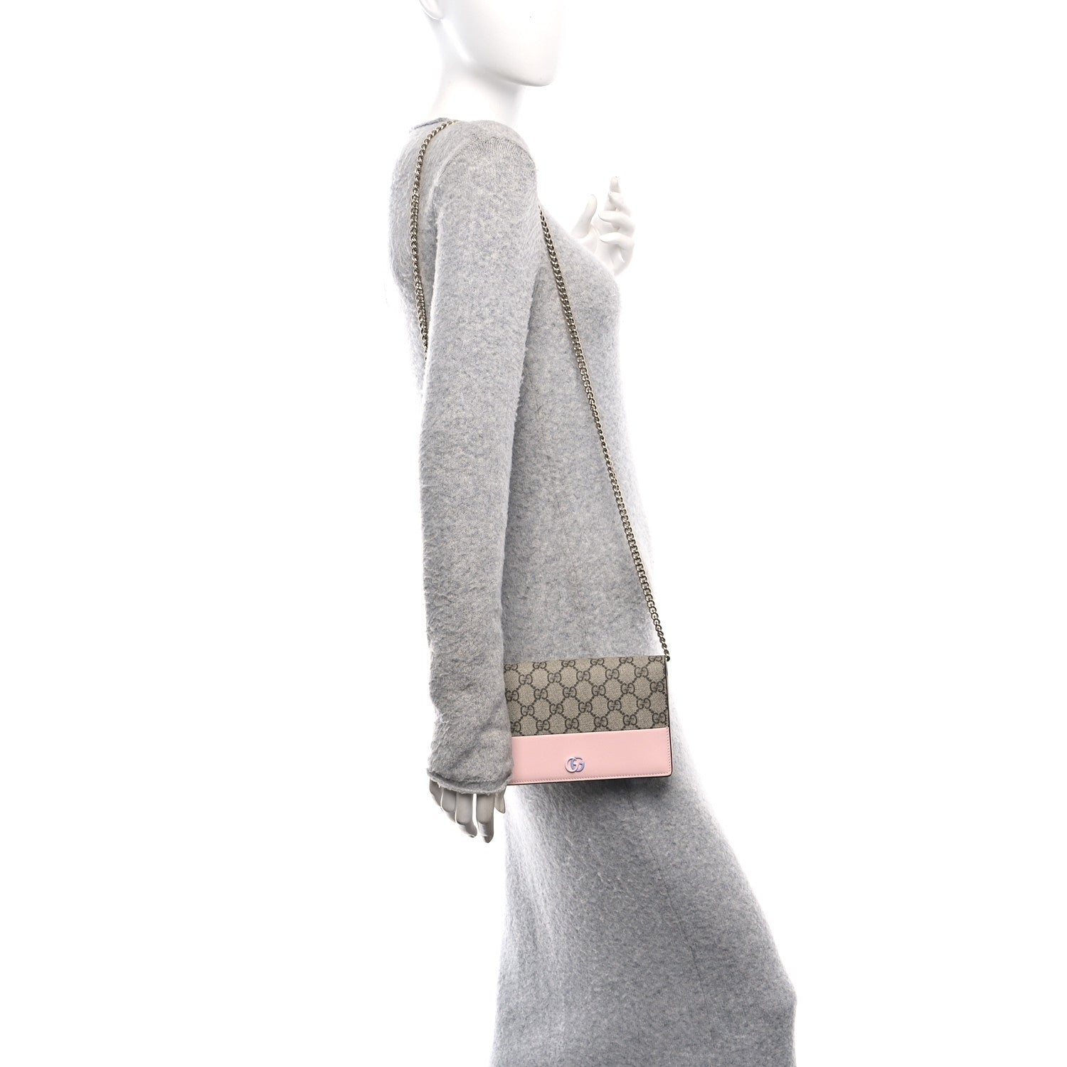 Gucci GG Supreme Monogram Textured Dollar Calfskin Mini GG Marmont Chain Wallet Light Pink Blue Beige 2 of 13