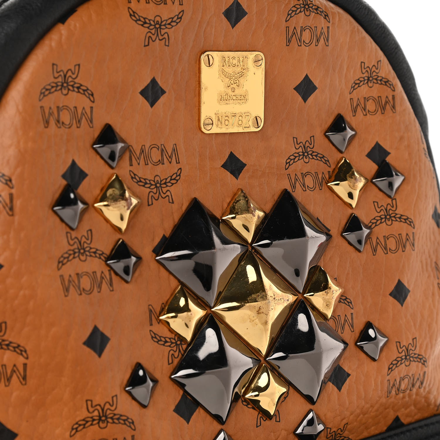 MCM Visetos Studded Colorblock Medium Stark Brock Backpack Cognac Black 12 of 15
