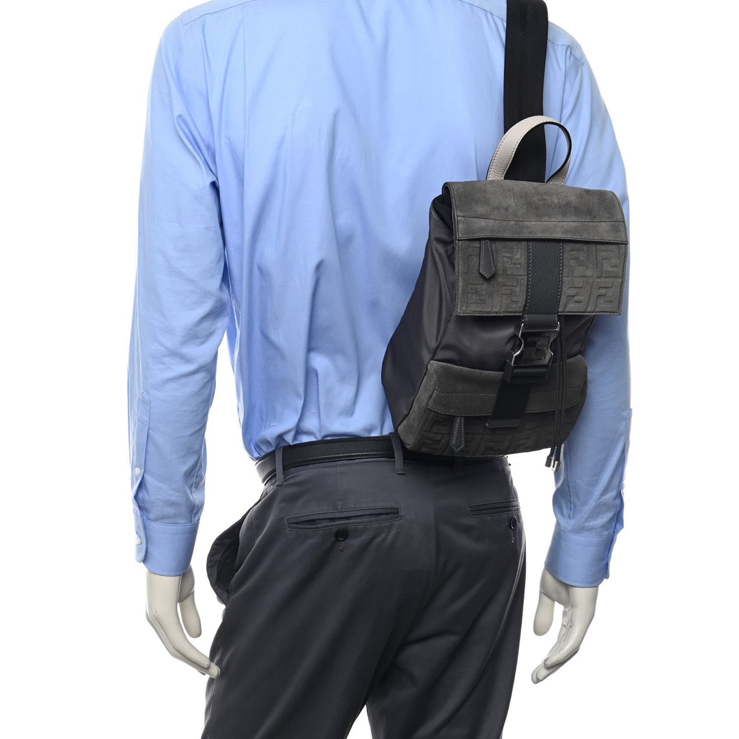 Fendi Suede Nylon Santander Cuoio Romano Bi-Color FF Embossed Small Fendiness Backpack Piombo Fango Grigio Polvere Asphalto 2 of 11