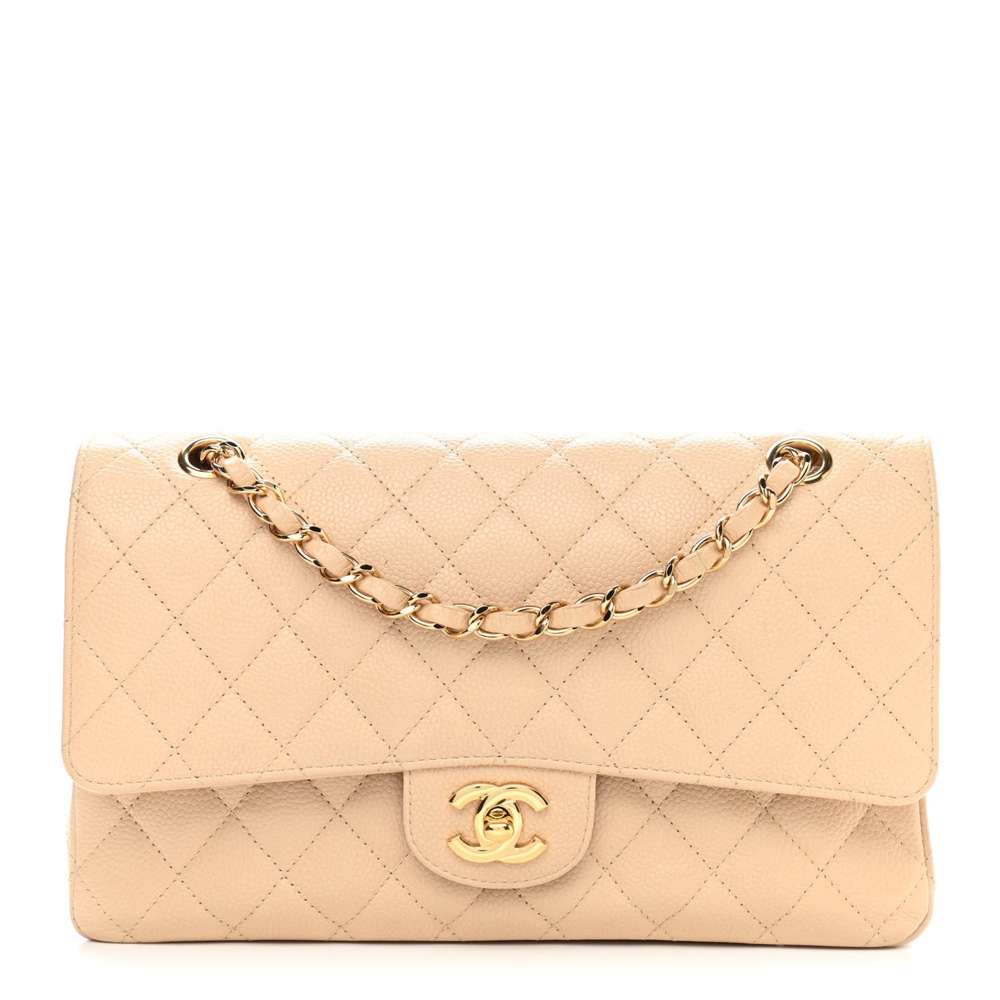 Caviar Quilted Medium Double Flap Beige