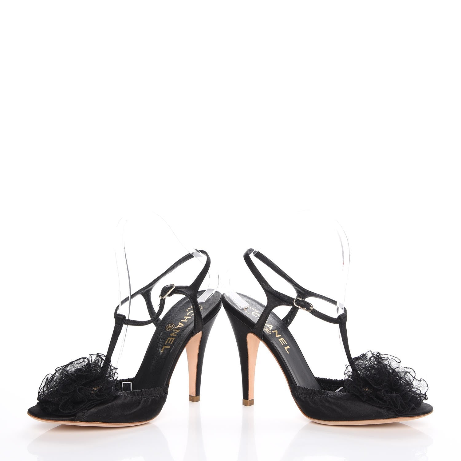 Chanel Satin Mesh Camellia CC Sandals size 38 Black 6 of 12