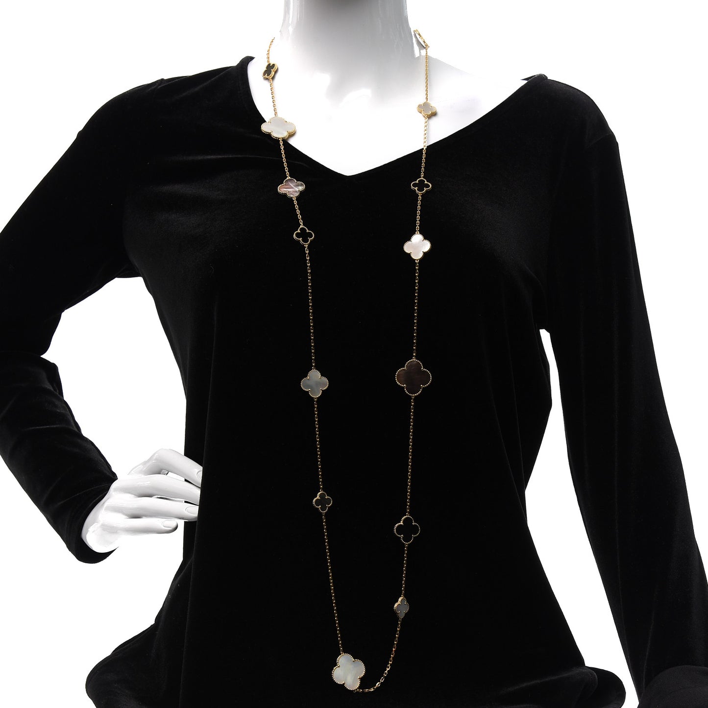 18K Yellow Gold Onyx Mother of Pearl 16 Motifs Magic Alhambra Necklace