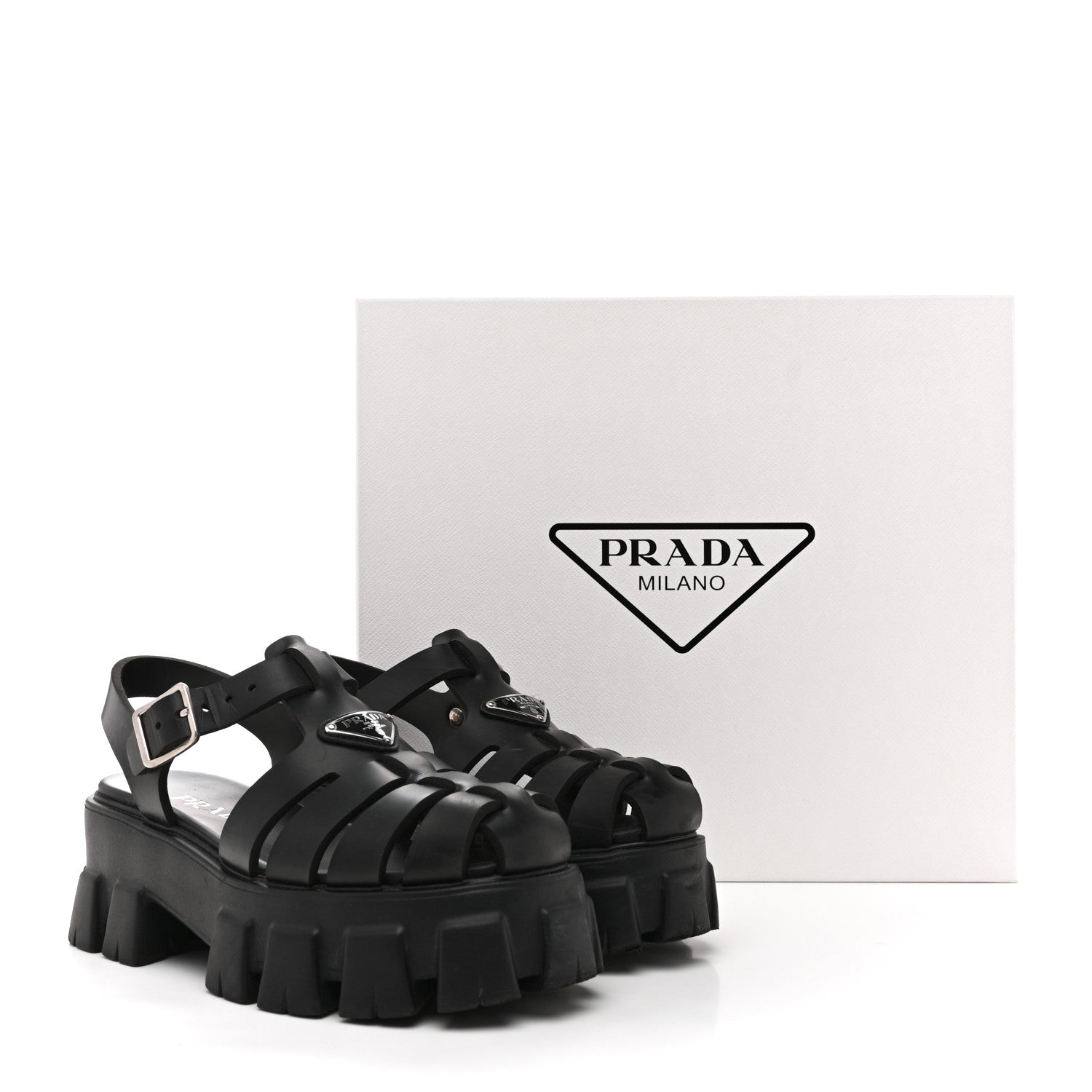 Prada Foam Rubber Triangle Logo Monolith 55mm Cage Sandals 37 Black 12 of 12