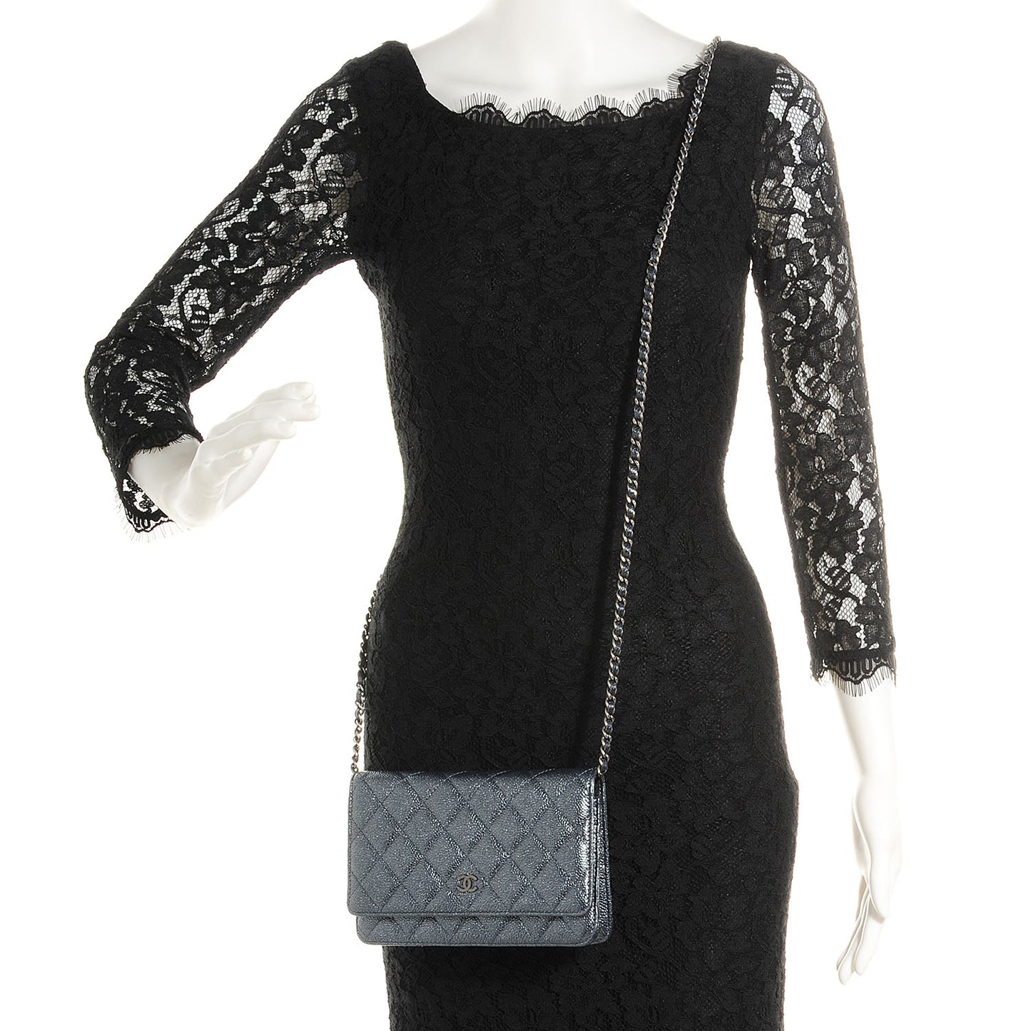 Metallic Caviar Quilted Wallet On Chain WOC Charcoal