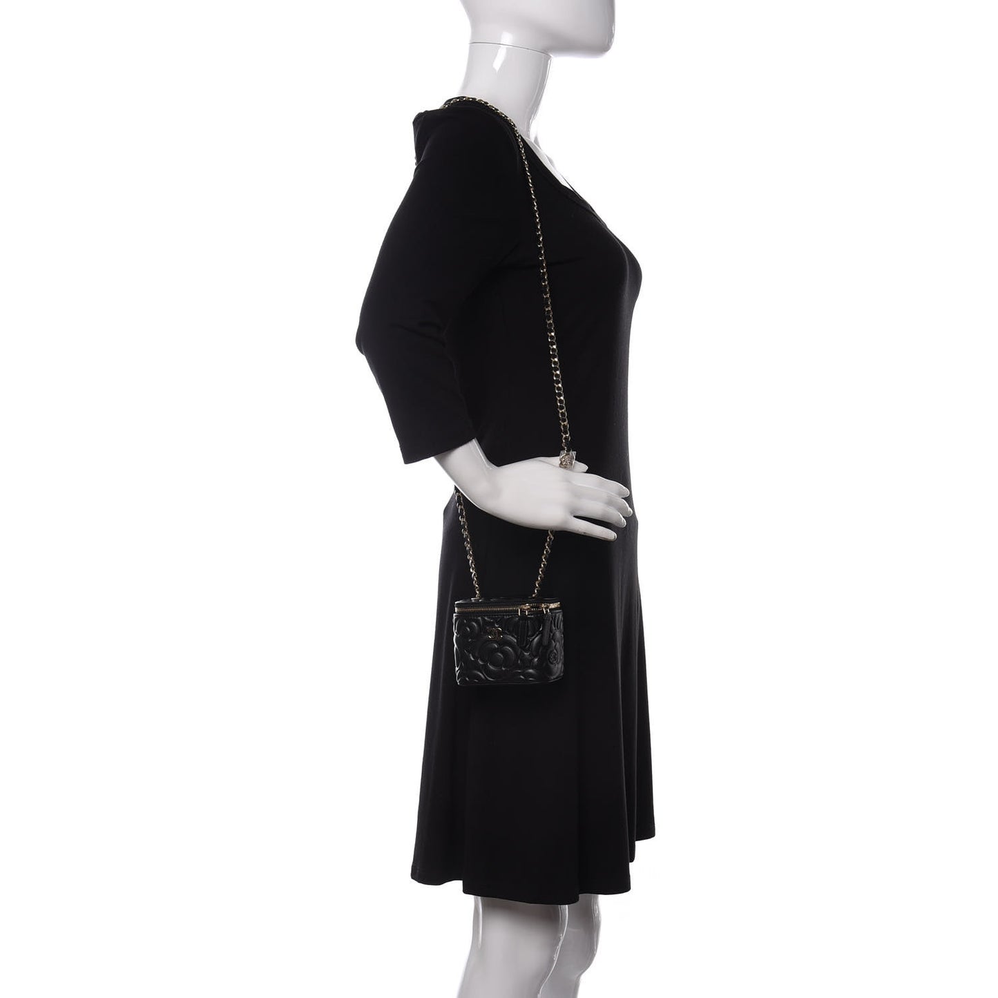 Lambskin Camellia Embossed Mini Vanity Case With Chain Black