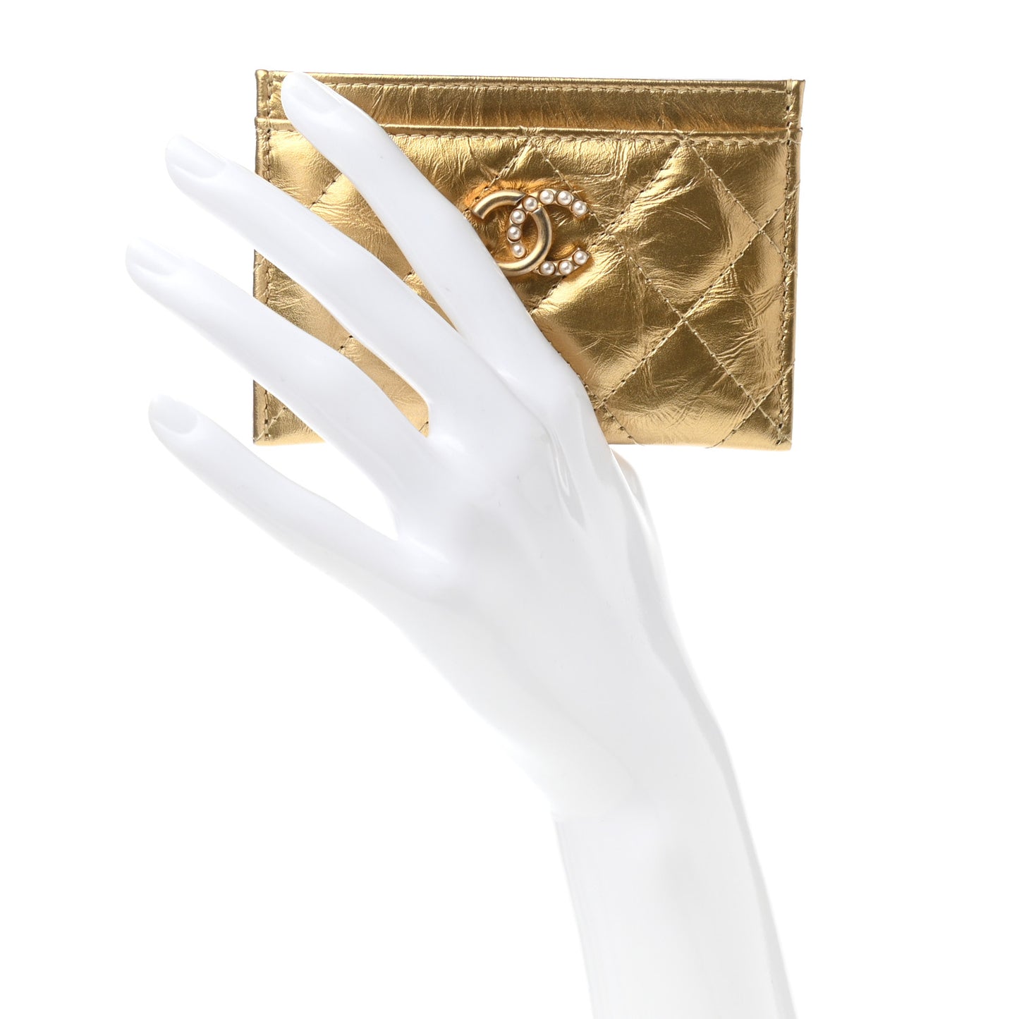 Aged Metallic Calfskin Pearl CC Quilted Card Holder Gold