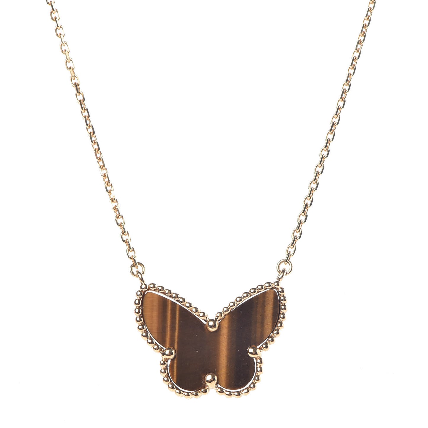 18K Yellow Gold Tiger Eye Lucky Alhambra Butterfly Pendant Necklace