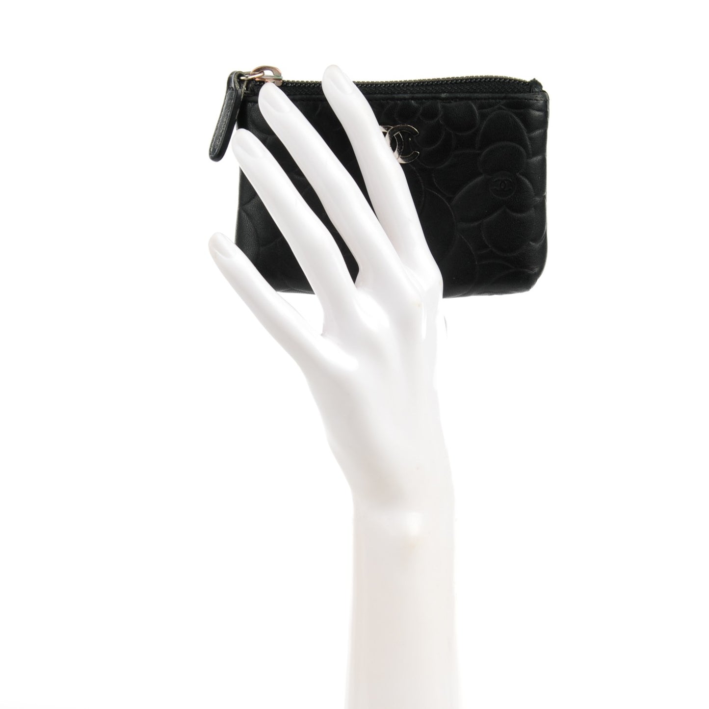 Lambskin Camellia Embossed Key Holder Case Black