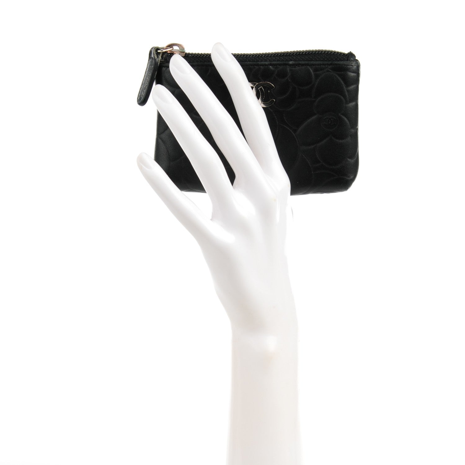 Chanel Lambskin Camellia Embossed Key Holder Case Black 2 of 9