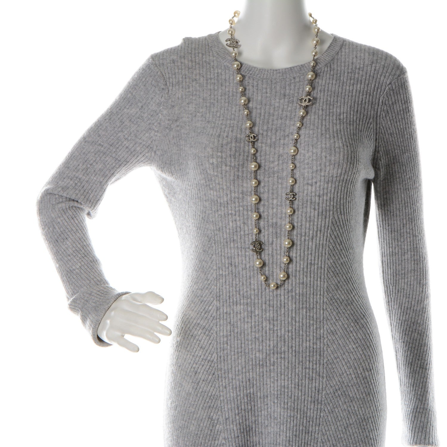 Chanel Crystal Pearl CC Long Necklace Silver 2 of 5