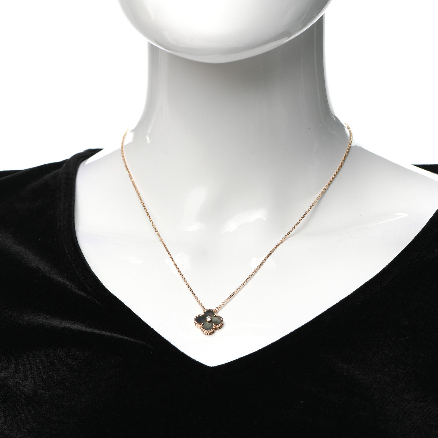 Van Cleef & Arpels 18K Rose Gold Diamond Grey Mother of Pearl Vintage Alhambra Pendant Necklace 2 of 8