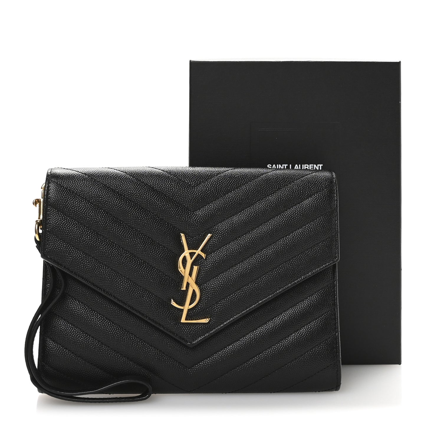 Grain De Poudre Matelasse Chevron Monogram Envelope Clutch Black