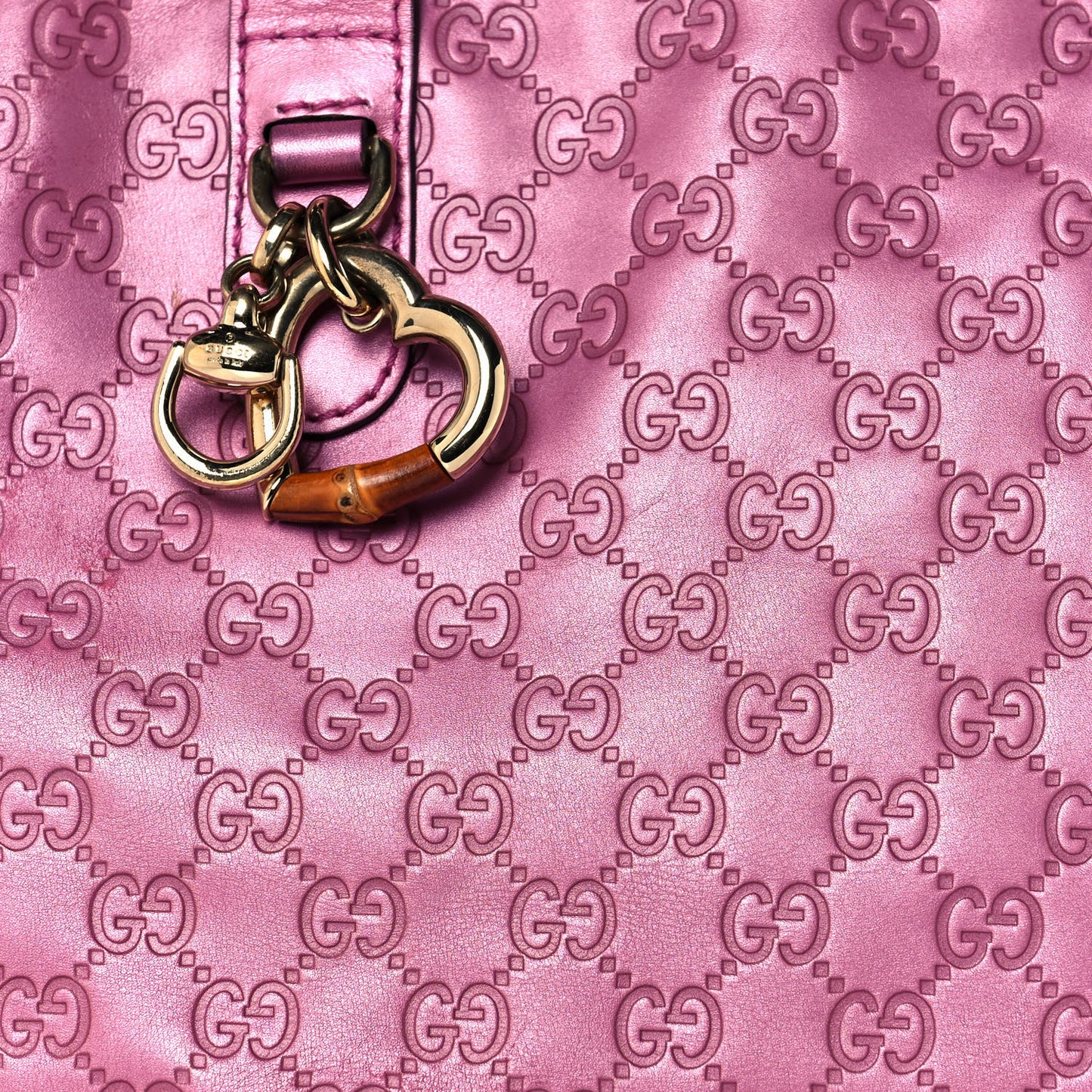 Metallic Soft Guccissima Large Heart Bit Charm Top Handle Tote Fresia Rose