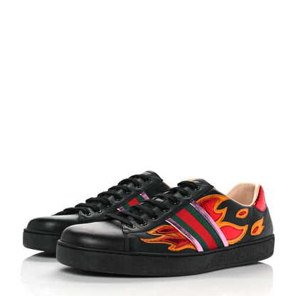 Gucci Calfskin Ayers Web Flames Embroidered Mens Ace Sneakers 11.5 Black 3 of 10