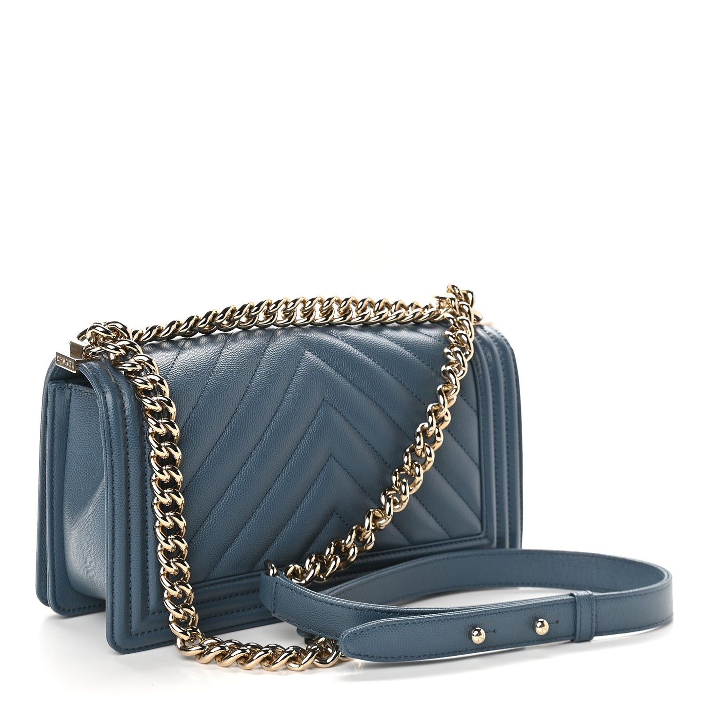 Caviar Chevron Quilted Medium Boy Flap Blue
