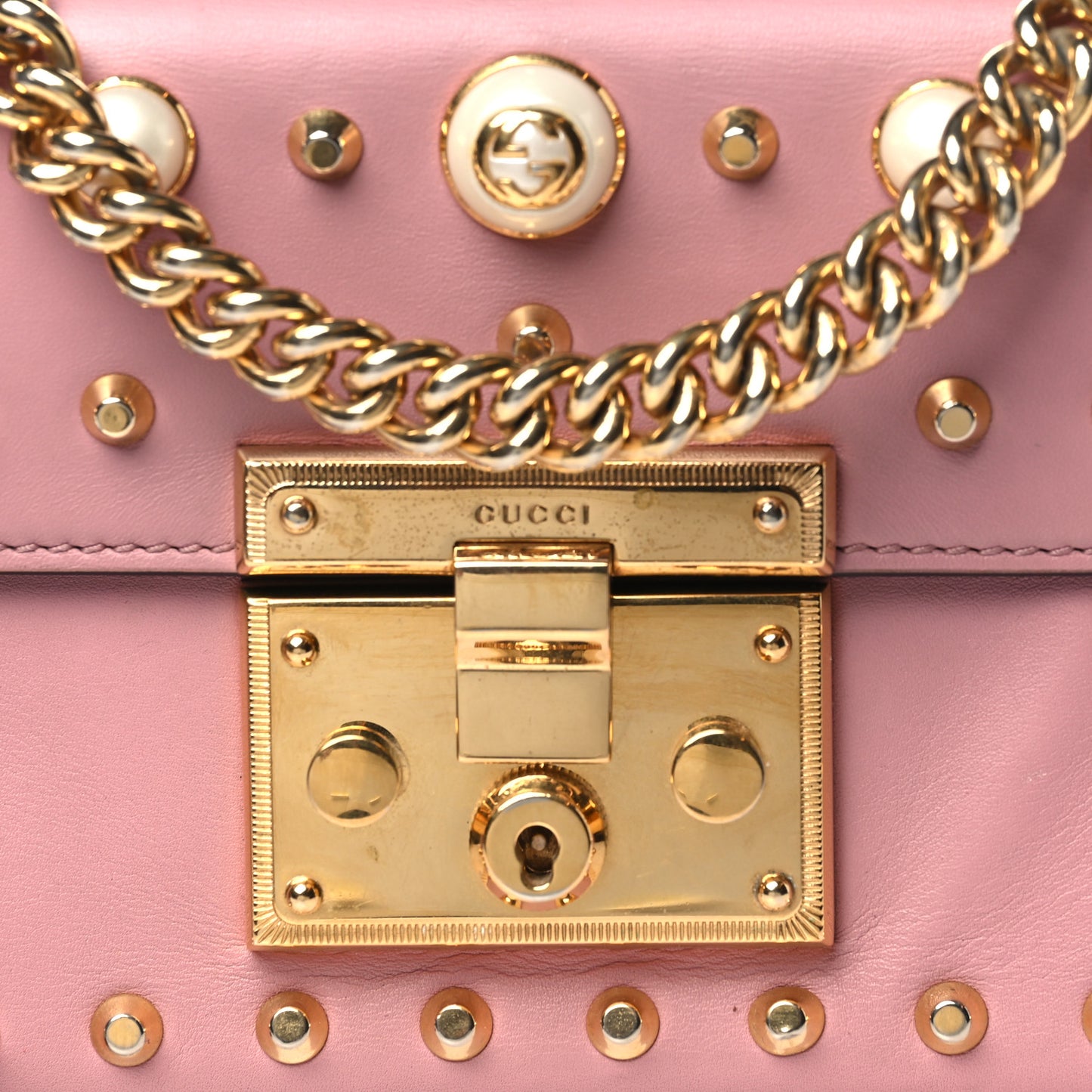Calfskin Studded Small Padlock Shoulder Bag Carmine Rose