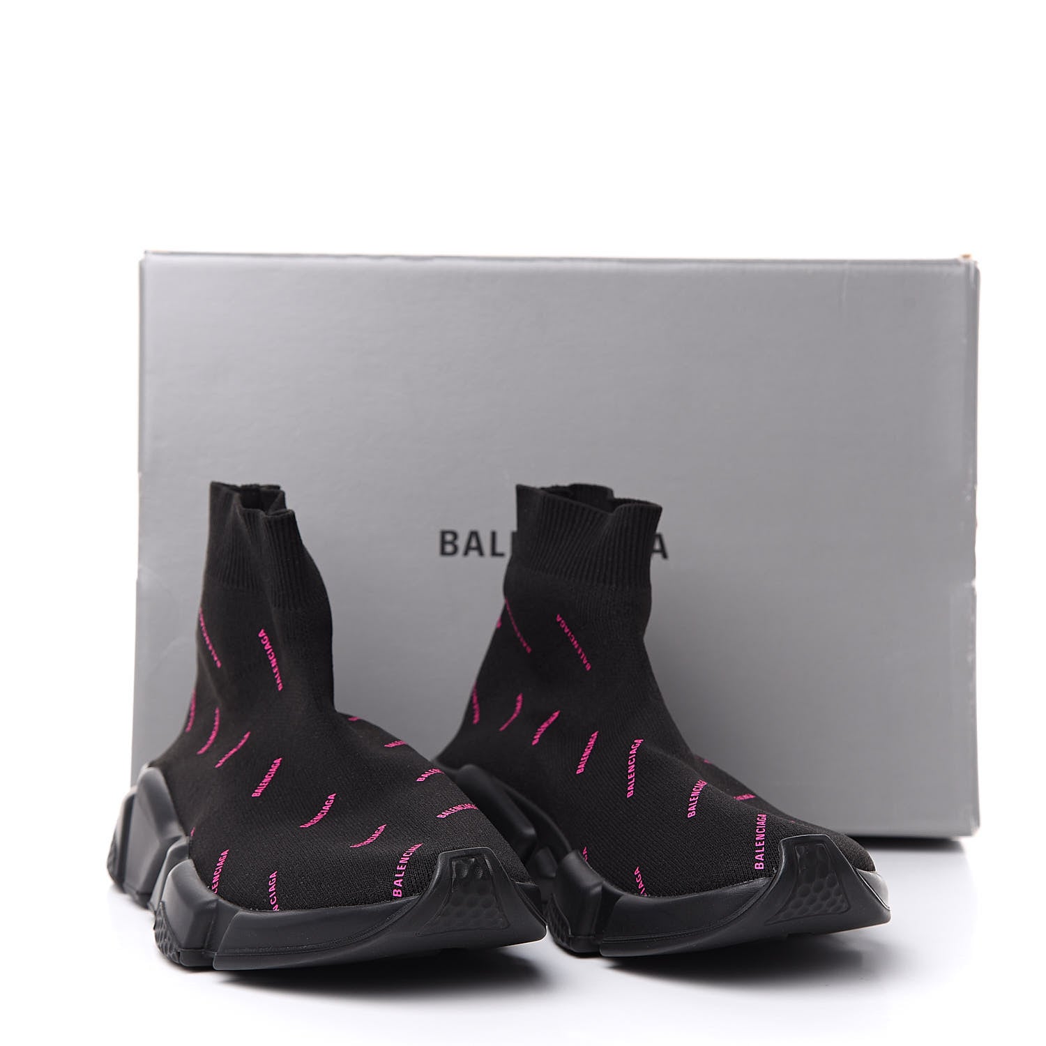 Balenciaga Neoprene Knit Allover Logo Womens Speed Sneakers 38 Black Fuchsia 7 of 7