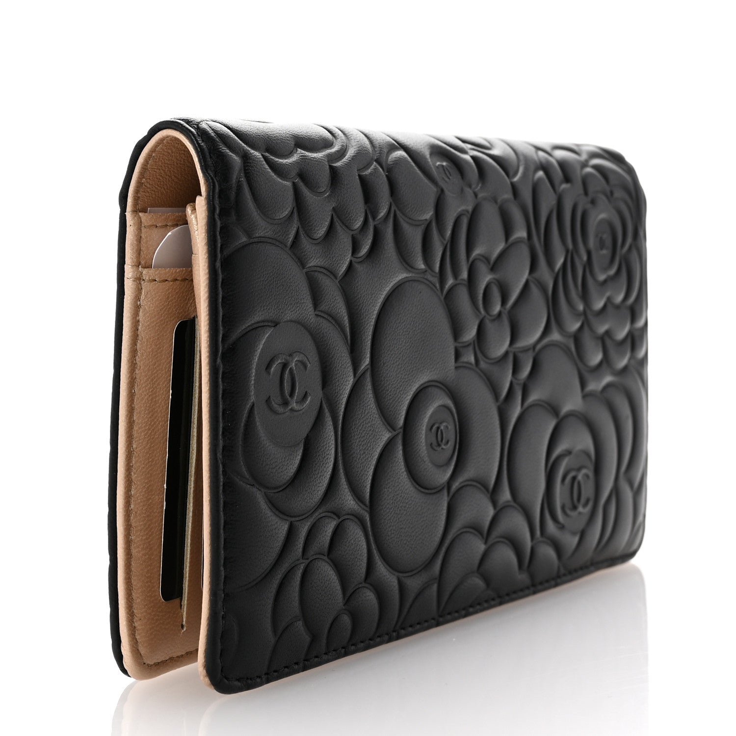 Chanel Lambskin Camellia Embossed Yen Wallet Black 3 of 9