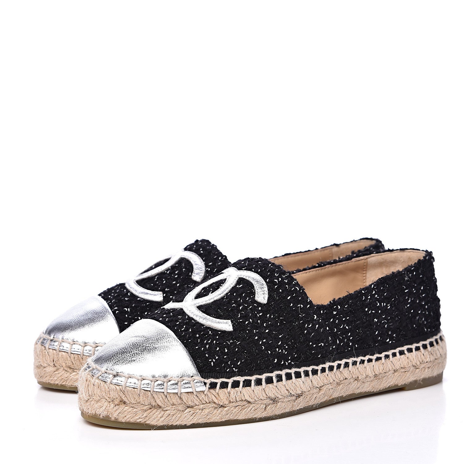 Chanel Metallic Tweed Lambskin CC Espadrilles 36 Black Silver 3 of 10