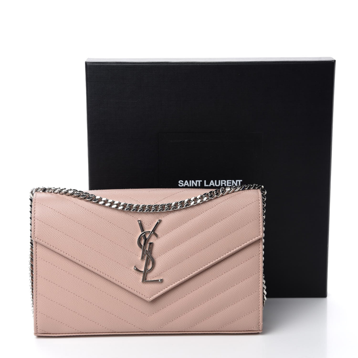 Saint Laurent Grain De Poudre Matelasse Chevron Monogram Chain Wallet Pale Pink 11 of 11